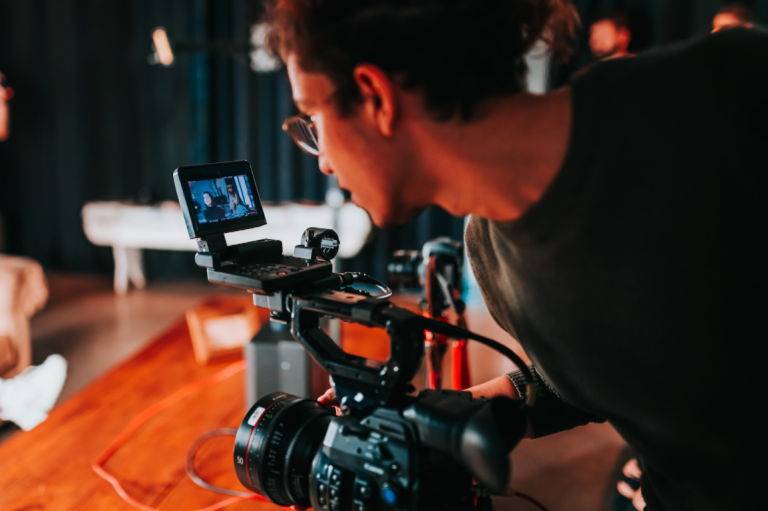Videographer setting up shot