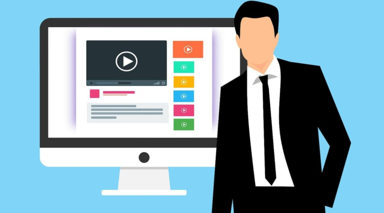 An illustration of a man by a computer showing the importance of video marketing for event promotion