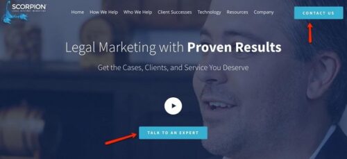 A page featuring a man in a suit that reads “legal marketing with proven results”.