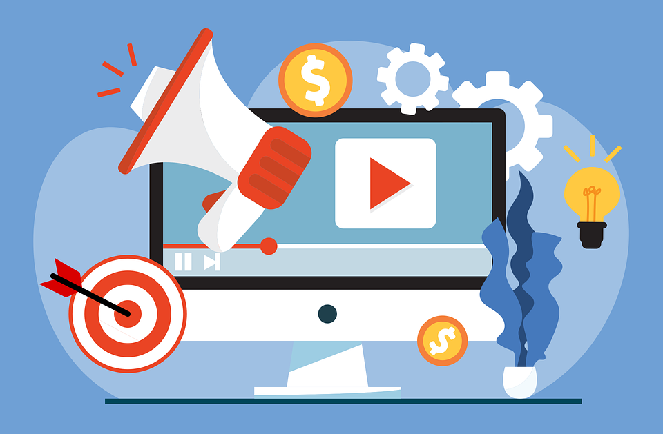 An illustration of a YouTube video next to marketing symbols, promoting using video production for business growth.