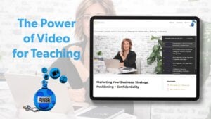 Tablet screen with paused video image with text promoting the power of video for teaching